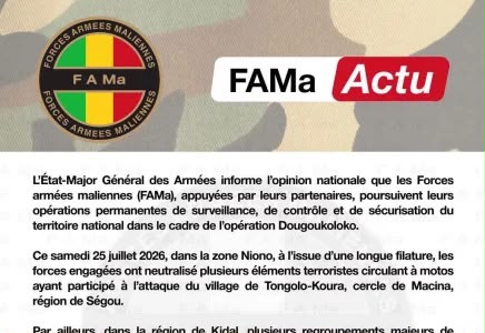 الجيش المالي يعلن مقتل عناصر من جماعات مسلحة وتدمير قاعدة خلفية في كيدال ووسط البلاد